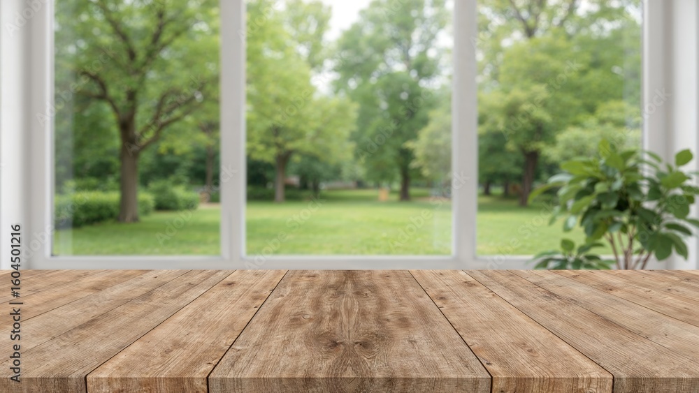 Poster plain wood table top in front of a hazy indoor setting and vibrant garden backdrop, great for produc