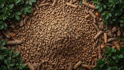 Massive oak wood pile - mix of wood pellets, boards and leaves