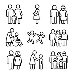 Family icon set showing parents, children, elderly and people with disabilities. Minimalist line figures.