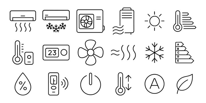 Climate control icon set with air conditioners, fans, heaters, thermometers, energy rating, remote controls, and humidity. Minimal line icons for HVAC, smart home, and weather apps.