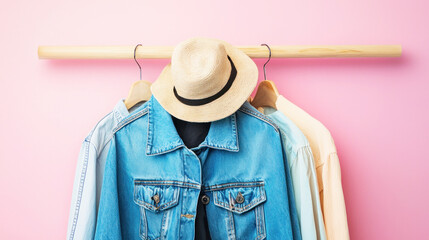 A wooden hanger with a hat hanging on it against a pink background.