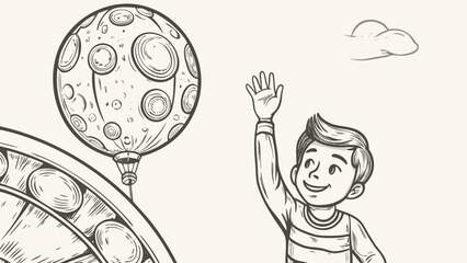 Boy waving at a moon balloon next to a ferris wheel and a cloud in a black and white illustration silhouette