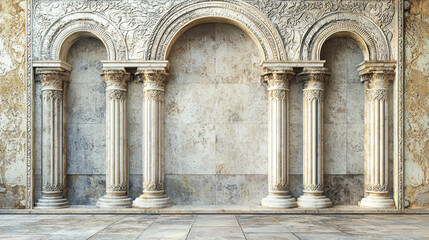 A grand, ornate stone archway with intricate carvings and columns, set against a textured, stone wall with a patterned design.