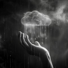 A black and white conceptual image of a hand supporting a digital cloud with data rain. This represents cloud computing technology data storage download and information networks.