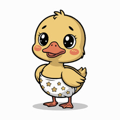 Cartoon baby duckling with big eyes wearing a diaper with stars on a white background isolated