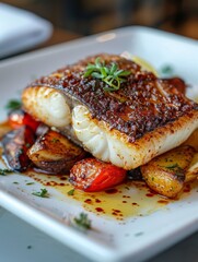 A gourmet dish of perfectly seared cod fillet served on a bed of roasted vegetables. This food photography shot highlights a healthy delicious and elegant restaurant-quality meal.