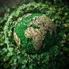 A concept image of planet Earth covered in green moss and surrounded by lush leaves. This represents environmental conservation sustainability Earth Day and protecting our planet's future.