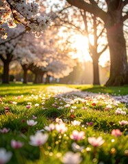 Fototapeta premium Ethereal shadows of spring blossoms, delicate flower petals, magical garden lighting, soft bokeh effect, dreamy nature backdrop, poetic floral silhouette
