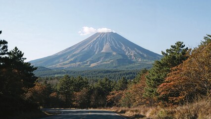 View of Mount Iwate with a lush pine forest in summer under a clear blue sky highlighting the volcanic landscape and surrounding nature.