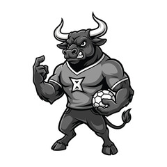 Fototapeta premium Cartoon bull mascot with muscular build, wearing a shirt, holding a soccer ball, and making a hand gesture.