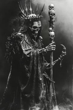 A dark fantasy black and white image of a lich or skeleton king holding a staff of skulls. This powerful macabre character evokes themes of death necromancy and dark magic.