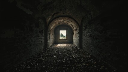 Moody woman figure exploring a decrepit fortress with a cave entrance, representing the journey between life and death in an artistic frame.