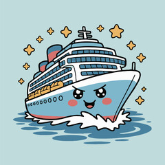 A cartoon cruise ship with a cute face sailing on water surrounded by yellow stars on a light blue background