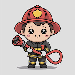 A cute cartoon firefighter holding a fire hose wearing a red helmet with a yellow heart emblem