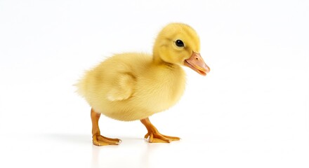 Caneton jaune adorable pose doucement sur fond blanc lumi�re douce. AI Generated