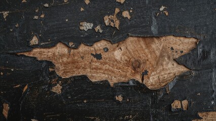 Macro image of aged timber surface with peeling ebony paint revealing raw wood. A tactile combination of decline and allure, symbolizing longevity, wear, and endurance. Retro background.