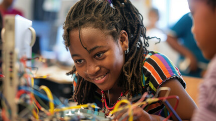 A young african american girl smiling while working on a complex electronics project with wires and circuits