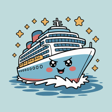 A cartoon cruise ship with a cute face sailing on water surrounded by yellow stars on a light blue background
