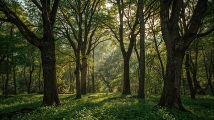 Sunlight filtering through the forest trunks
