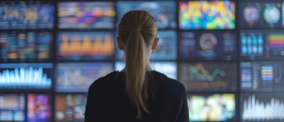 The woman analyzing complex data on digital display screens in a modern workspace.