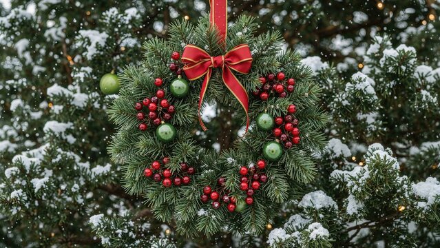 Beautifully crafted Christmas wreath with red berries and festive bells, showcased against a wintery snow scene. - Powered by Adobe