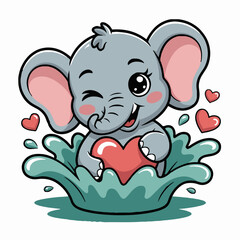 Cartoon elephant winking holding a heart in water with hearts floating around on a white background