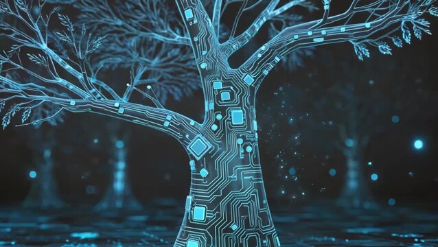 A stylized digital tree with glowing blue circuit board patterns and components set against a dark mystical forest