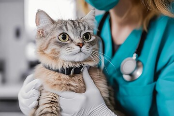 Veterinary check-up for a fluffy cat at a clinic with a caring professional