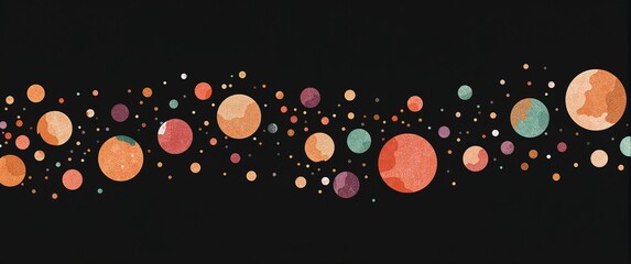 Botanical line art illustration filled with watercolor bubbles in sunset orange teal and plum spread lightly on plain black background