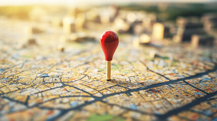 A red pin on a map pinpointing a location in a cityscape.