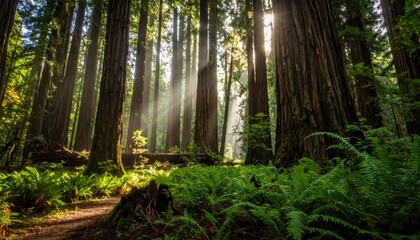 Sunlight Filtering Through Redwood Forest