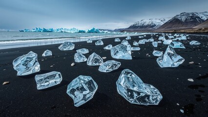 Beautiful transparent blue ice chunks scattered on a black sandy shore next to a glacial lagoon. Icefall scene. Black and white contrast.