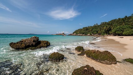 Rocky coast with ocean currents in a quiet bay