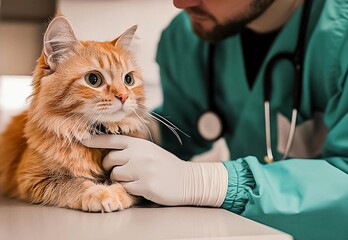 Veterinary check-up for a fluffy cat at a clinic with a caring professional