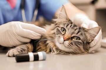 Veterinary check-up for a fluffy cat at a clinic with a caring professional
