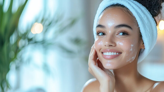 A young woman with a towel on her head, smiling and applying a face mask in a bathroom setting.