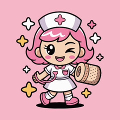 Cartoon nurse with pink hair holding bandage roll on pink background with star shapes around her