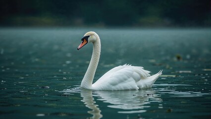 Elegant white swan gracefully swimming in a tranquil lake surrounded by soft reflections and natural greenery in the background.