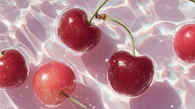 Fresh cherries floating in a pink pool create a vibrant and refreshing scene in summer