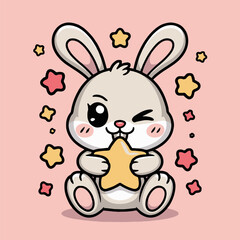 Cartoon bunny holding a star with pink background and various stars surrounding the bunny character