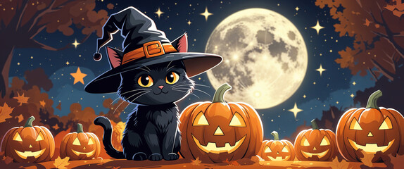 Cute Black Cat near Pumpkin