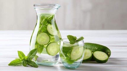 Refreshing Cucumber Mint Infused Water in Glass Pitcher and Glass on White Wooden Table