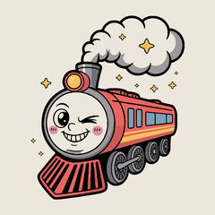 Cartoon train with a winking face and smoke coming from the top on a light background with stars