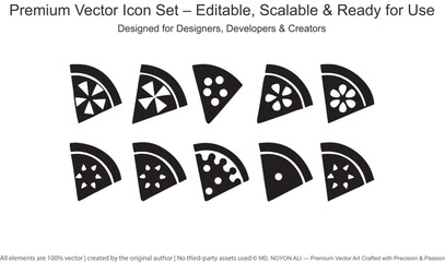 Black and white pizza slice icons with various toppings and patterns food