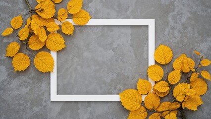 Yellow foliage with rowan fruits enclosed in a white frame on a muted surface. Celebrating fall, Halloween, and Thanksgiving concepts. Flat lay perspective, top-down view.