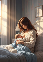 A mother lovingly breastfeeds her baby in a sunlit bedroom, creating a tender moment.