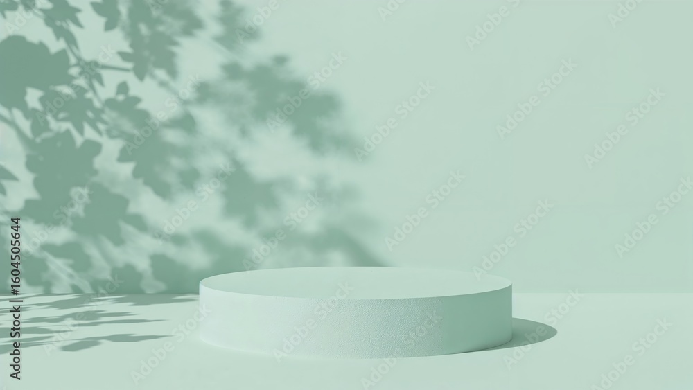Poster geometric podium on a soft mint green background with subtle tree leaf shadows, creating a minimal n