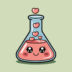 Cartoon flask with pink liquid and hearts floating inside against a light green background