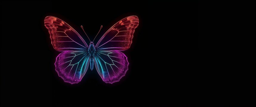 Glowing butterfly pair with layered mesh gradients and neon lined wings in jewel tones floating on plain black background
