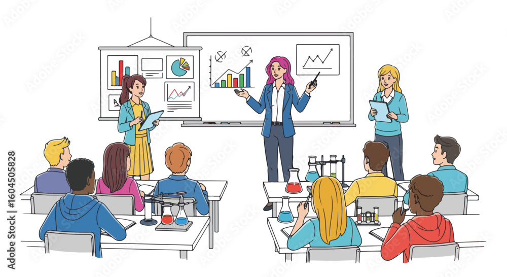 Poster science class in session showing a teacher explaining graphs on whiteboard and other students watchi